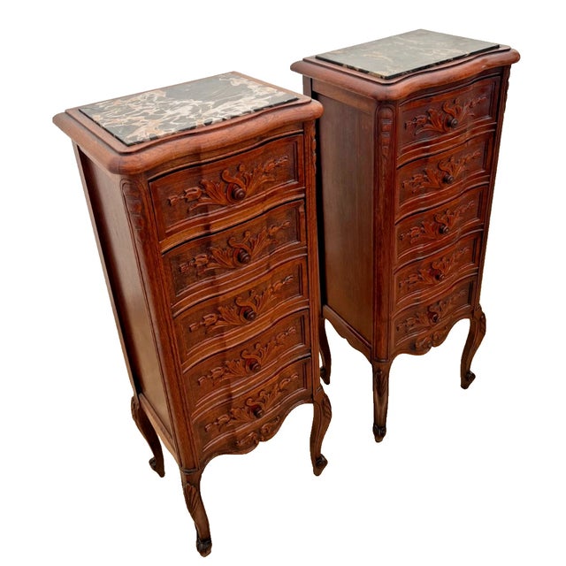 Brown Antique Pair of French Nightstands Bedside Tables Five Hand Carved Drawers For Sale - Image 8 of 13
