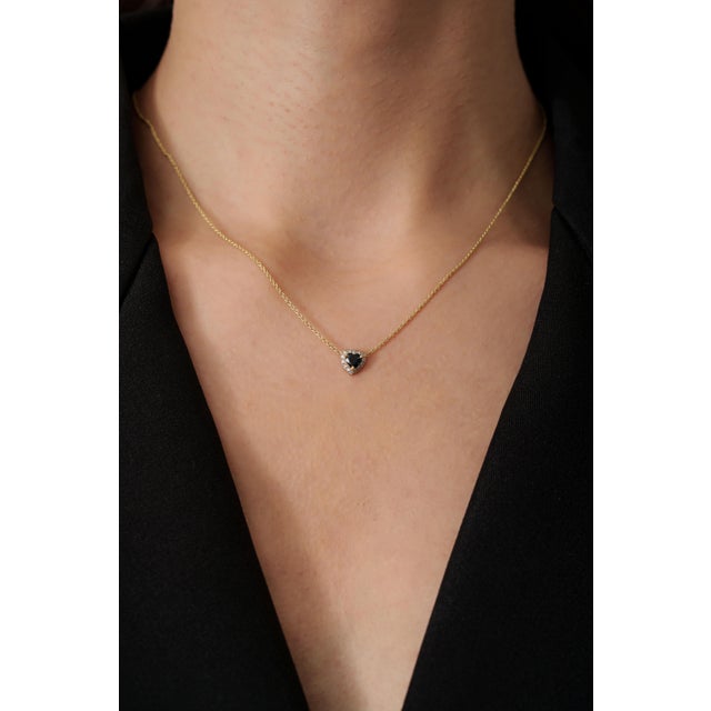 Not Yet Made - Made To Order Modern 14k Yellow Gold Heart Blue Sapphire & Diamond Halo Pendant Necklace For Sale - Image 5 of 12