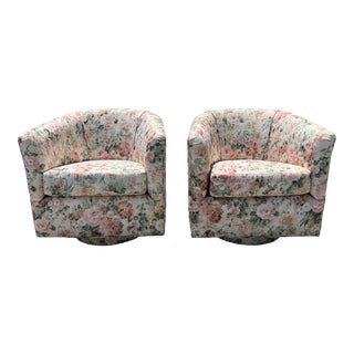 Milo Baughman Style Floral Swivel Chair Sold Separately For Sale