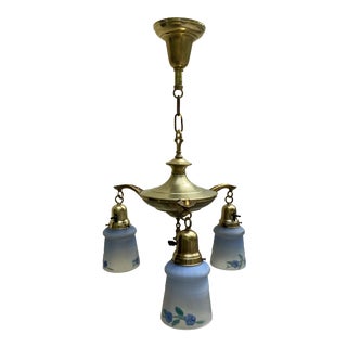 Vintage 1920s Brass Three Light Hanging Fixture With Vintage Shades For Sale