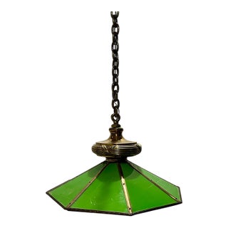 Vintage Brass & Green Glass Octagonal Three-Light Pendant Chandelier For Sale