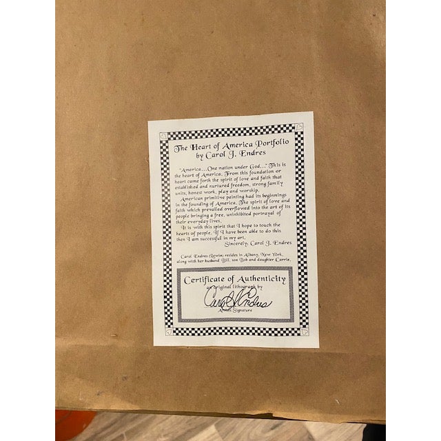 Original Lithograph in American Primitive Style by Carol J. Endres . Framed in Blue Wood.