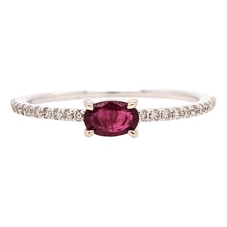 Ruby & Diamond Ring in 14k White Gold, Oval 5×4mm – Dainty East West Ring, Size 6.75 For Sale