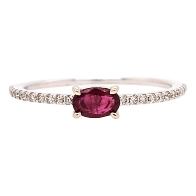 Ruby & Diamond Ring in 14k White Gold, Oval 5×4mm – Dainty East West Ring, Size 6.75 For Sale