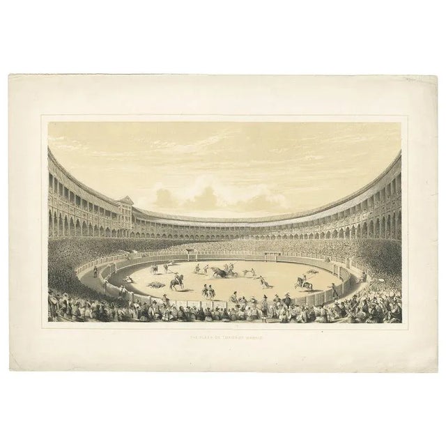 Antique print titled 'The Plaza de Toros of Madrid'. This print illustrates the bullfighting in Spain. Unknown engraver.