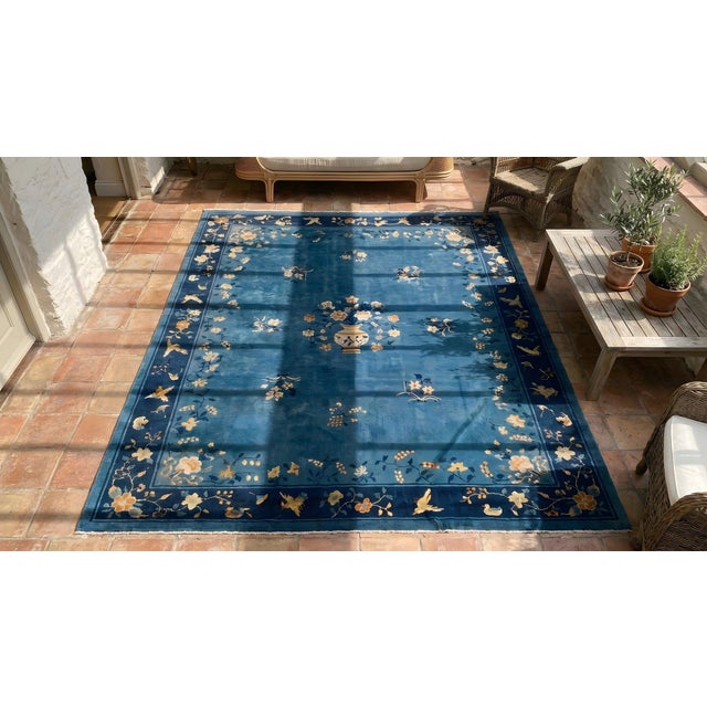 Royal Blue Brilliant Blue and Ivory Color With Delicate Florid Antique Chinese Peking Rug For Sale - Image 8 of 10