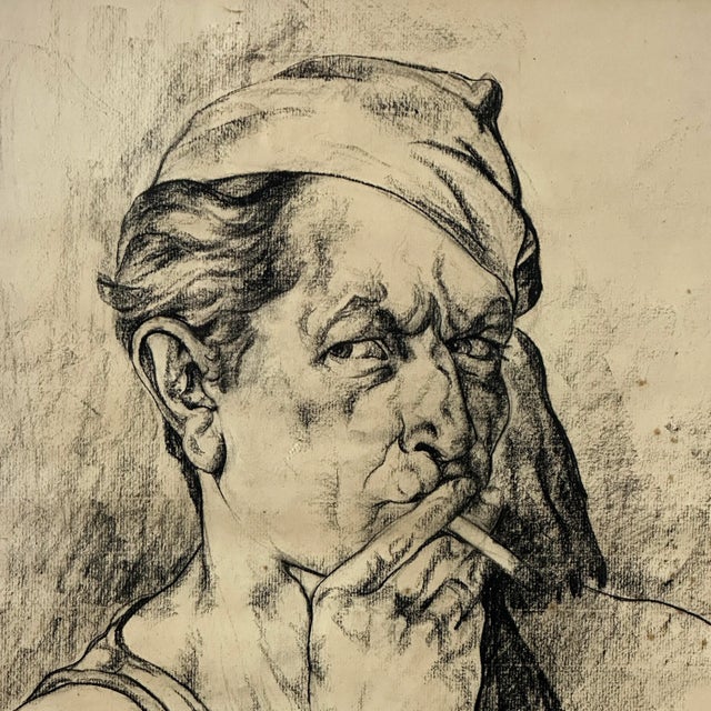 Figurative Antique Expressionist Self Portrait by Luigi Spirrizzi, Charcoal on Paper (Framed, 1928) For Sale - Image 3 of 7