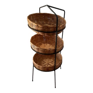 Vintage Wrought Iron 3 Tier Basket Rack Organizer Stand For Sale