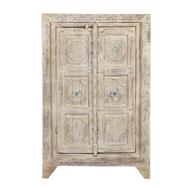 1970s 1970s Farmhouse Style Distressed White 2 Door Carved Cabinet For Sale - Image 5 of 8