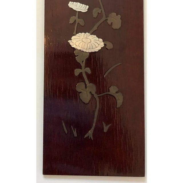 1940s Vintage 1940’s Asian Lacquered Red Mahogany Art Panels With Brass and Tin Flowers and Butterflies Inlay - Set of 2 For Sale - Image 5 of 12