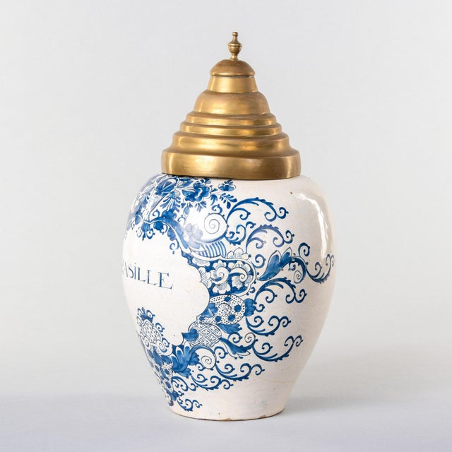 19th Century Dutch Delftware Blue & White Tobacco Jar With Brass Lid, Circa 1800 For Sale - Image 5 of 10
