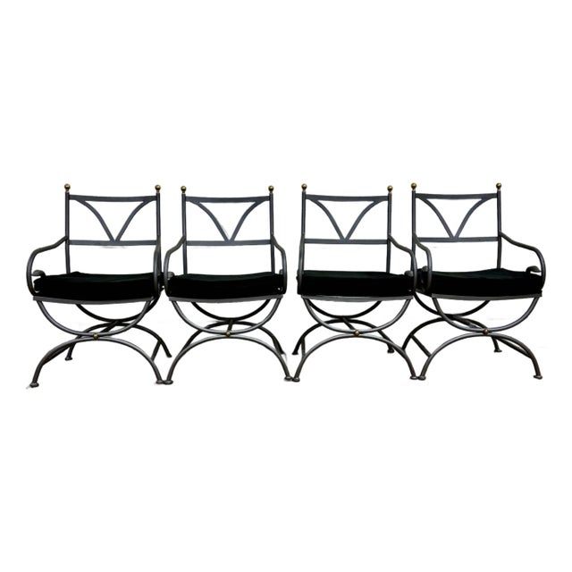 Vintage Iron & Brass Curule Italian Savonarola Dante Style Saddle Dining Chairs For Sale