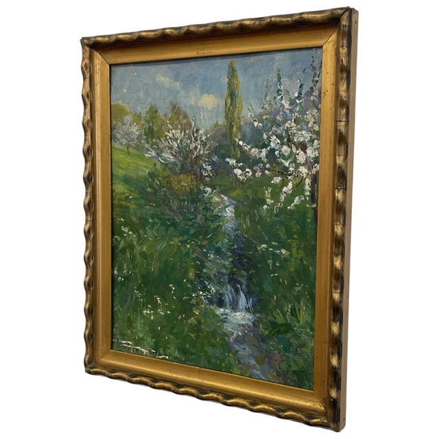 Impressionist Vintage Impressionist Spring Landscape Painting With Stream in Gilt Toned Frame - Signed For Sale - Image 3 of 10