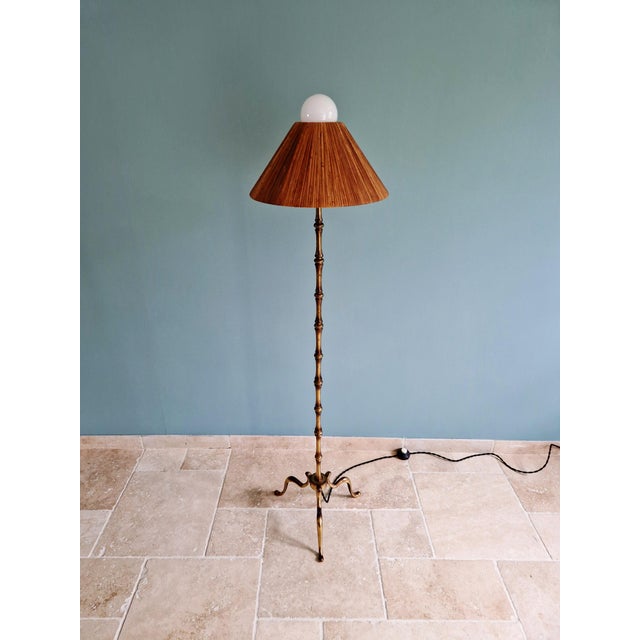 Mid-Century Modern Brass Floor Lamp with Rattan Lampshade, 1950s For Sale - Image 15 of 18