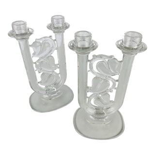 Vintage Crystal Glass Double Candlestick Holders Pair Ivy Vines Romantic Decor For Sale