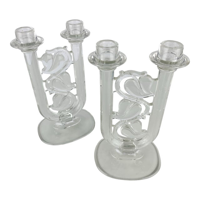 Vintage Crystal Glass Double Candlestick Holders Pair Ivy Vines Romantic Decor For Sale