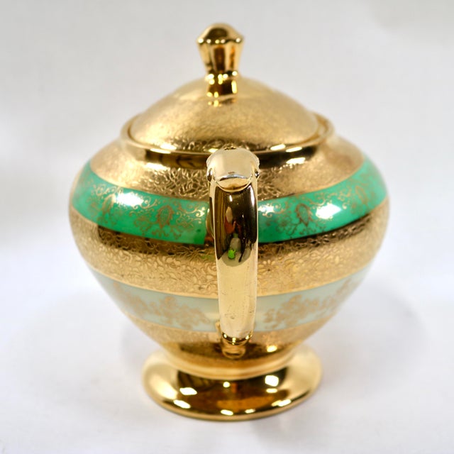 Mid-20th Century LeMieux China 24k Gold Encrusted Porcelain Teapot With Mint Green Band For Sale - Image 4 of 12