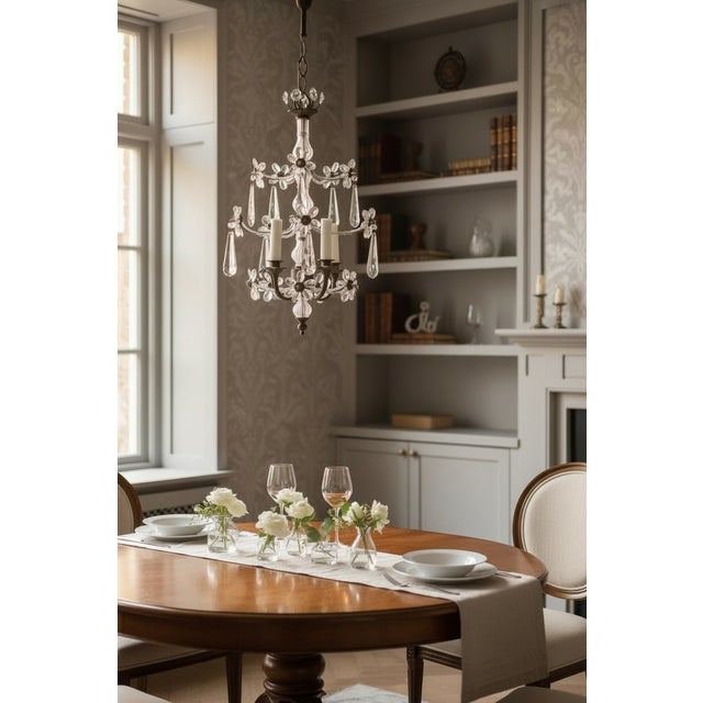 Crystal Beaded Bronze Flower Chandelier, 5 Lights, 1950s Elegant mid-century chandelier from the 1950s, featuring a finely...