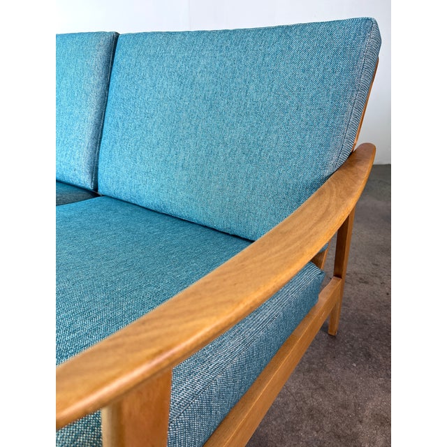 Blue 1960s Beechwood Mid Century Danish Modern 3 Seater Sofa Reupholstered in a Blue Chenille For Sale - Image 8 of 10