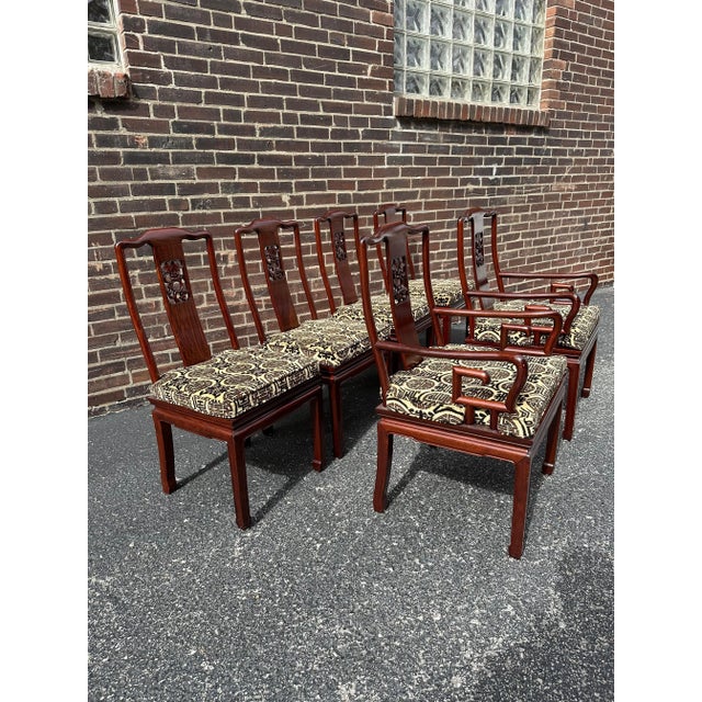 1990s 1990s Carved Rosewood Asian Dining Table Chairs, With Cushions - Set of 6 For Sale - Image 5 of 7