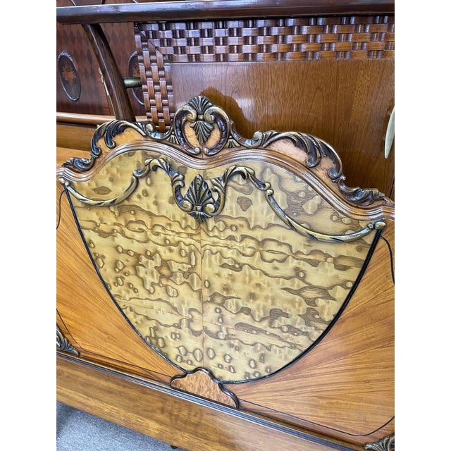 Antique 1930's Handcarved Bedroom Headboard, Full Size, Inlay Burlwood For Sale - Image 4 of 9