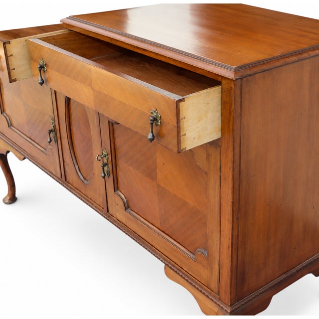 Wood 1940s Antique Honey-Brown Wood Buffet With Oval Mirror and Cabriole Legs For Sale - Image 7 of 10