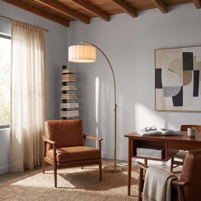 Float Scallop Chairside Arc Lamp - Weathered Brass Steel, 16" Scalloped White Linen Drum Shade, Steel Base, Dimmable, 75"...