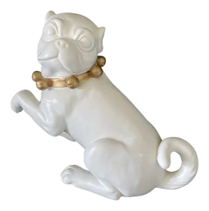 Porcelain Pug Dog With Lifted Paw & Gold Collar