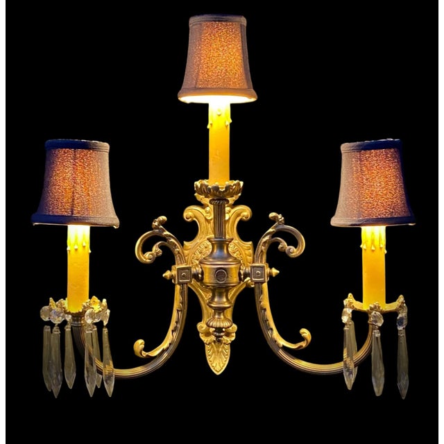 Antique French Gilt Bronze Three Light Sconce Black Silk Shades Crystal Prisms For Sale - Image 13 of 13