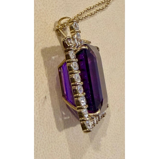 Amethyst 58 Ct Emerald Cut Amethyst & 7 Ct Diamond Pendant Necklace 14KY Gold + Chain For Sale - Image 8 of 18