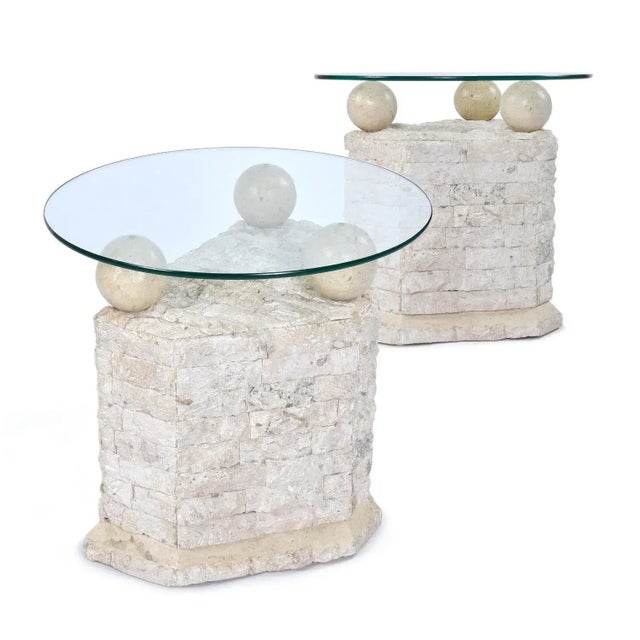 Vintage 1980s Post Modern tessellated Mactan stone side tables or pedestals. These versatile tables are made of Mactan...