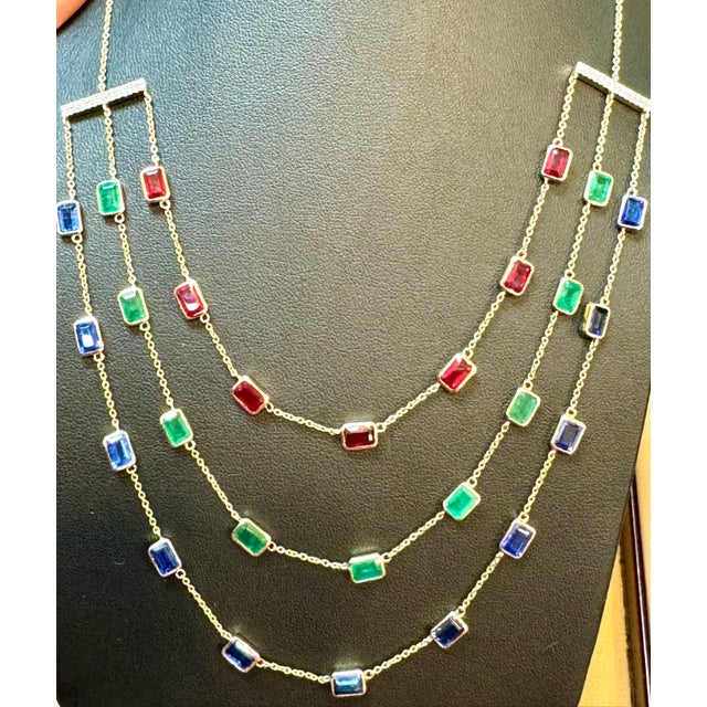 Three Layer Necklace With Emerald , Ruby & Kyanite with Diamond Bar, 14 KYG 15Gm For Sale - Image 17 of 18
