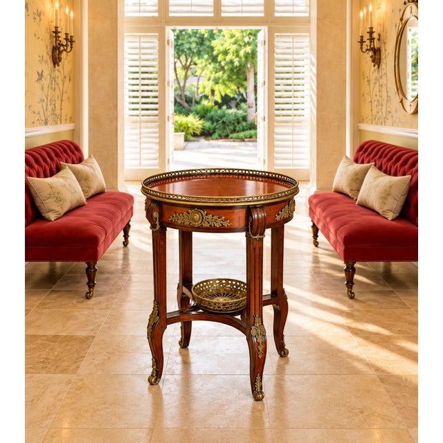 Old World Elegance | Antique French-Style Marquetry Guéridon Table With Brass Mounts and Decorative Basket For Sale - Image 10 of 10