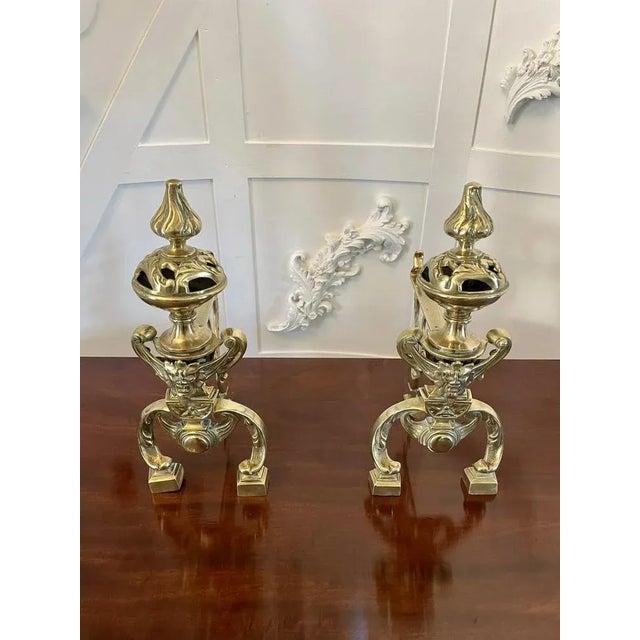 Gold Antique Victorian Ornate Brass Fire Dogs, 1870s, Set of 2 For Sale - Image 8 of 8