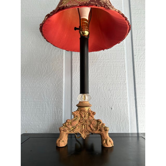Late 20th Century Retro Excelsior Table Lamp, Iron Column and Red Lamp Shade Paw and Ball Feet For Sale - Image 9 of 12