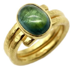 1990s 22k Gold Hand-Hammered Ring With Blue-Green Tourmaline Cabochon