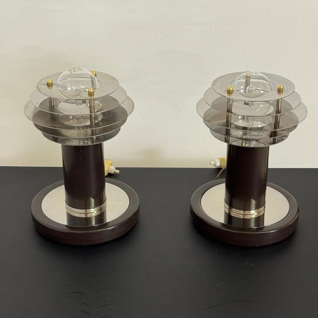 Brown Saturn Style Table Lamps in Chromed Steel with Disc Shade, Set of 2 For Sale - Image 8 of 15