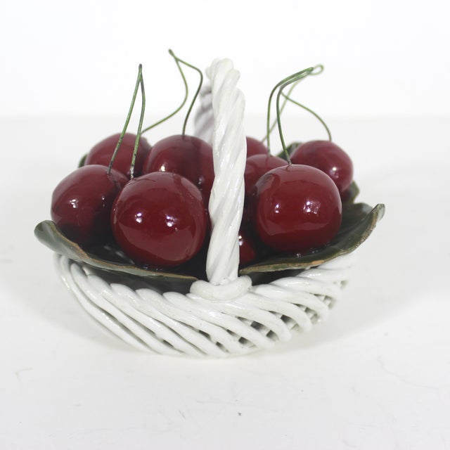 Mid 20th Century Vintage Italian Ceramic Basket With Cherries Centrepiece Small Table Decor Tablescape Tromp L’oeil For Sale - Image 5 of 10