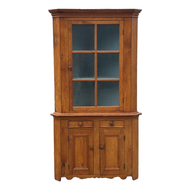 American Pine Glazed Corner Cupboard For Sale