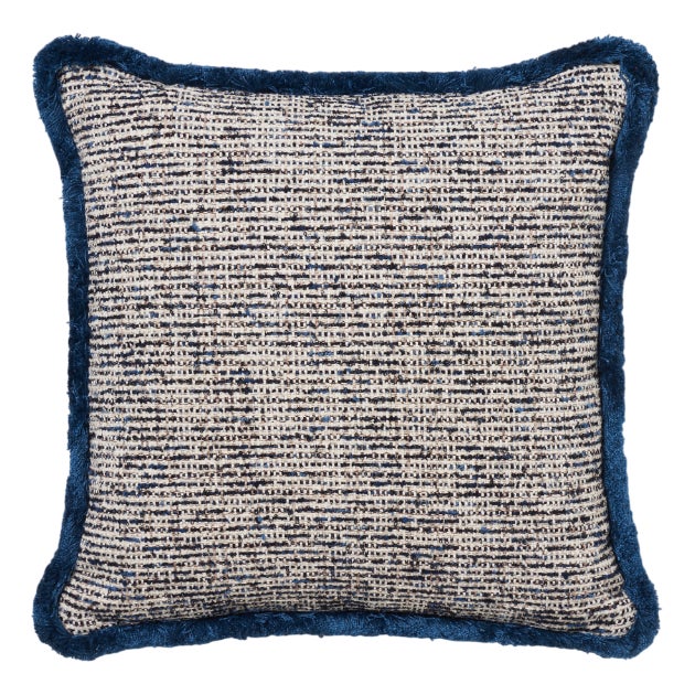 Square Bouclé Cushion with Blue Fringe by Villa Como For Sale