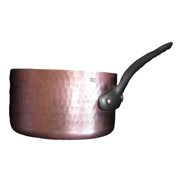 Vintage French Hammered Copper Sauce Pot With Iron Handle For Sale