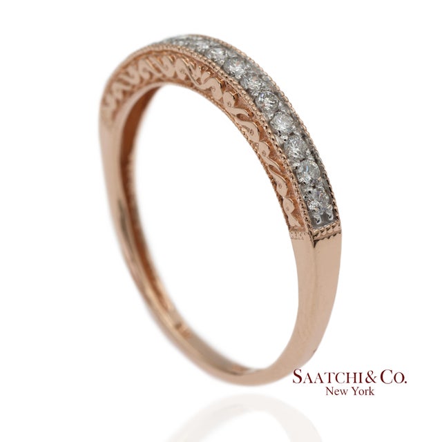 Metal 14k 585 Solid Rose Gold Engraving and Milgrain Natural Diamond Band Ring, Size 8 For Sale - Image 7 of 12