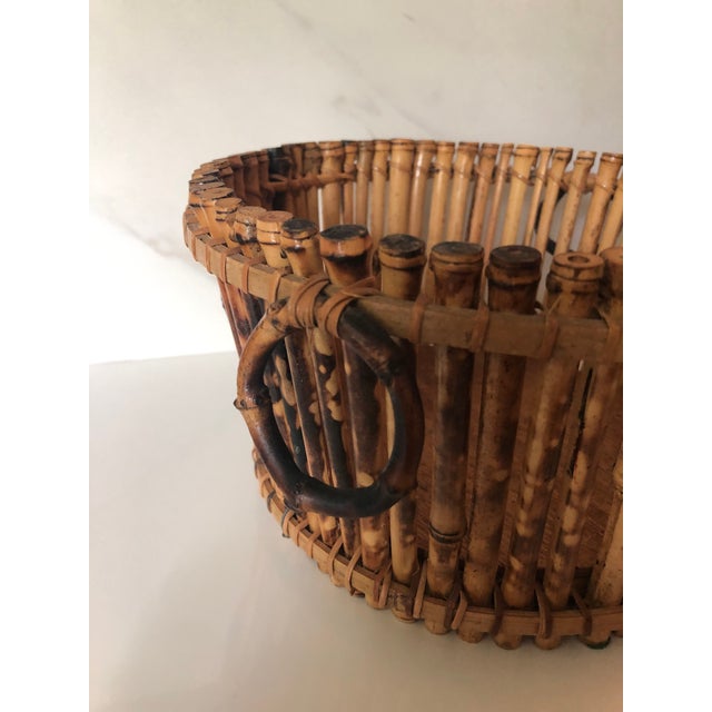 1970s Round Rattan Bamboo Planter With Handles For Sale - Image 6 of 6
