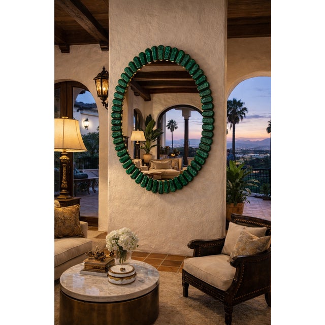 Murano Italian Original Murano Glass | Oval Mirror With Green Frame and Brass Details | Biscuits For Sale - Image 4 of 5