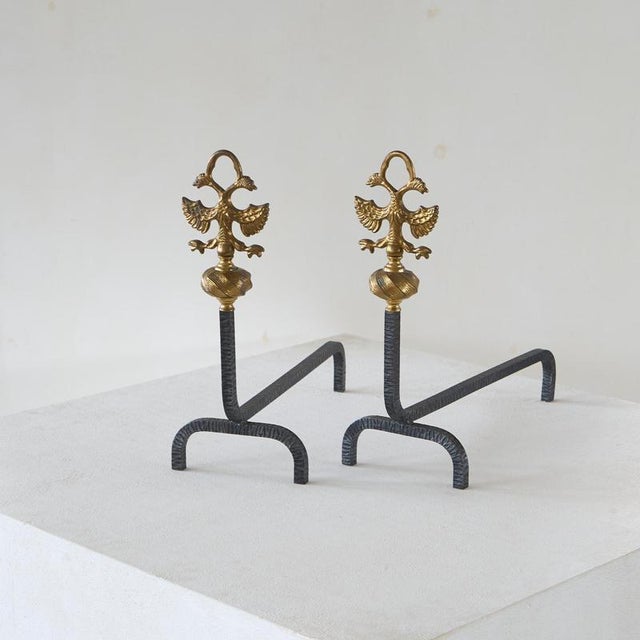 Metal Large 19th Century Andirons in Brass with Birds, 1920s, Set of 2 For Sale - Image 7 of 13
