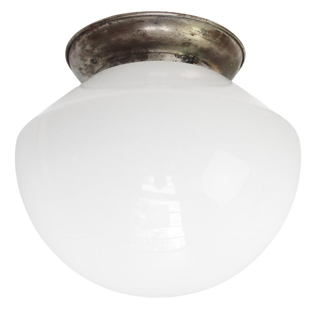 1920s White opaline Art Deco Flush Mount Nickel plated brass glass holder with white porcelain bulb holder Diameter glass...
