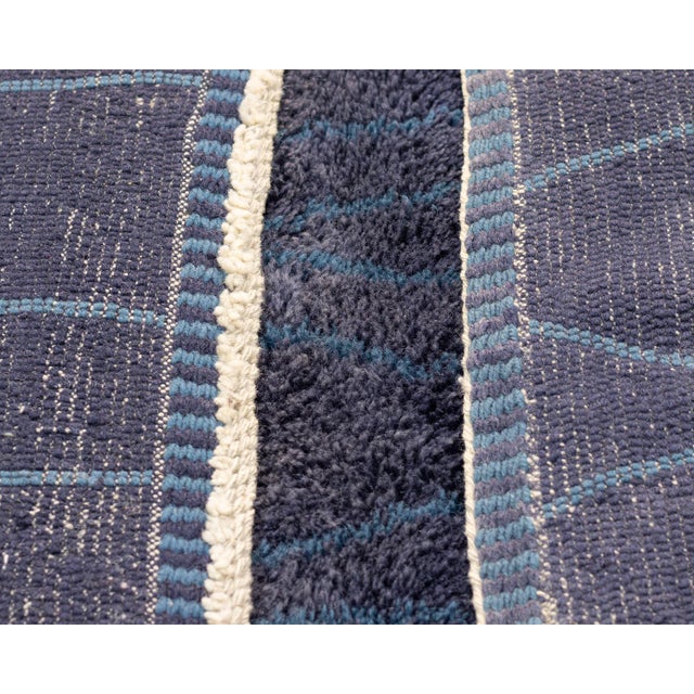 Deep Navy Abstract Lattice Hand-Knotted Wool Rug | 9'2" X 6'2" | One of a Kind For Sale - Image 4 of 6