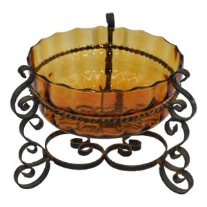 1950's Spanish Revival Italian Hand Blown Optic Amber Glass Bowl Metal Base