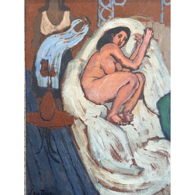 A compelling mid-century figurative oil painting depicting an intimate interior scene rendered with expressive brushwork...