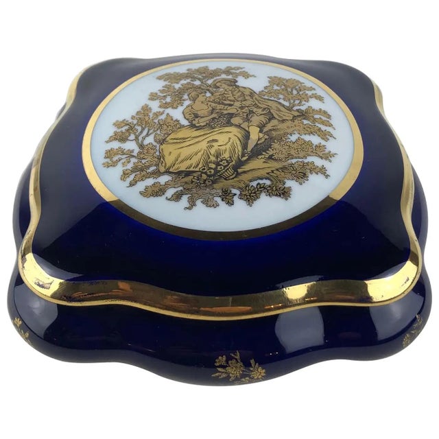 Limoges Porcelain Lidded Blue and Gold Trinket Box For Sale - Image 9 of 9